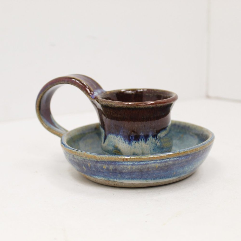 Vintage Glazed Pottery Votive Candleholder with Handle